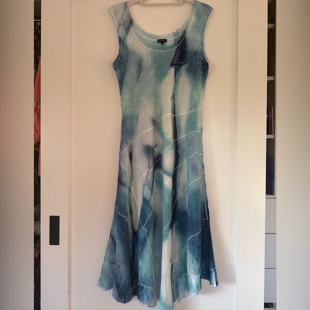 Sleeveless Blue Marble Print Maxi Dress L